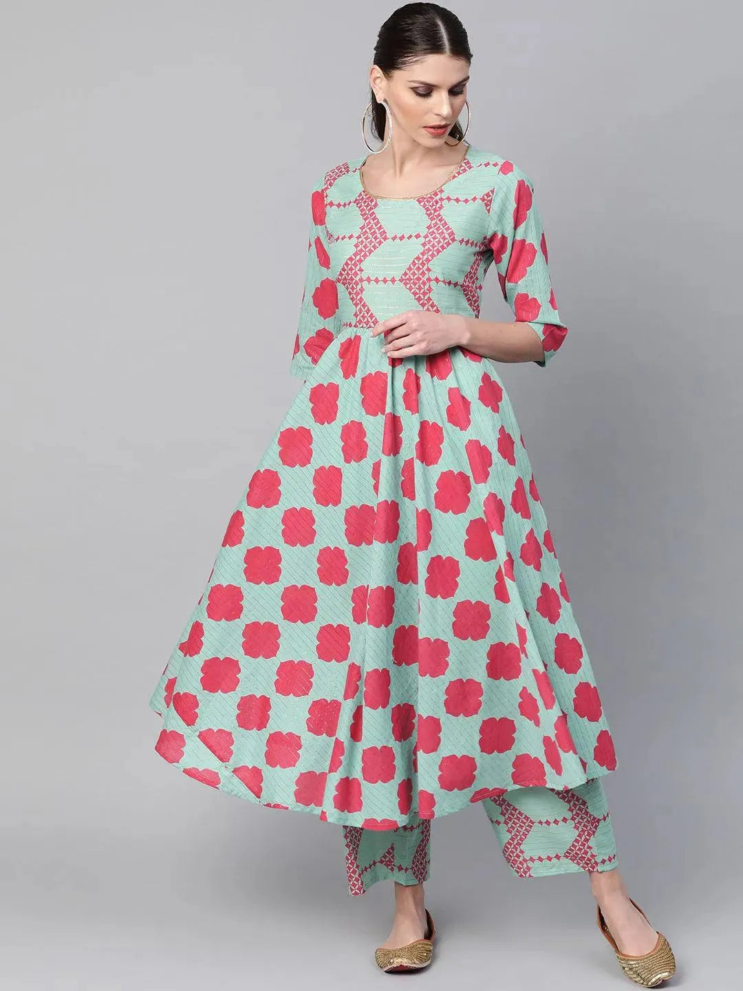 Anouk Blue Printed Cotton A-Line Kurta With Palazzos