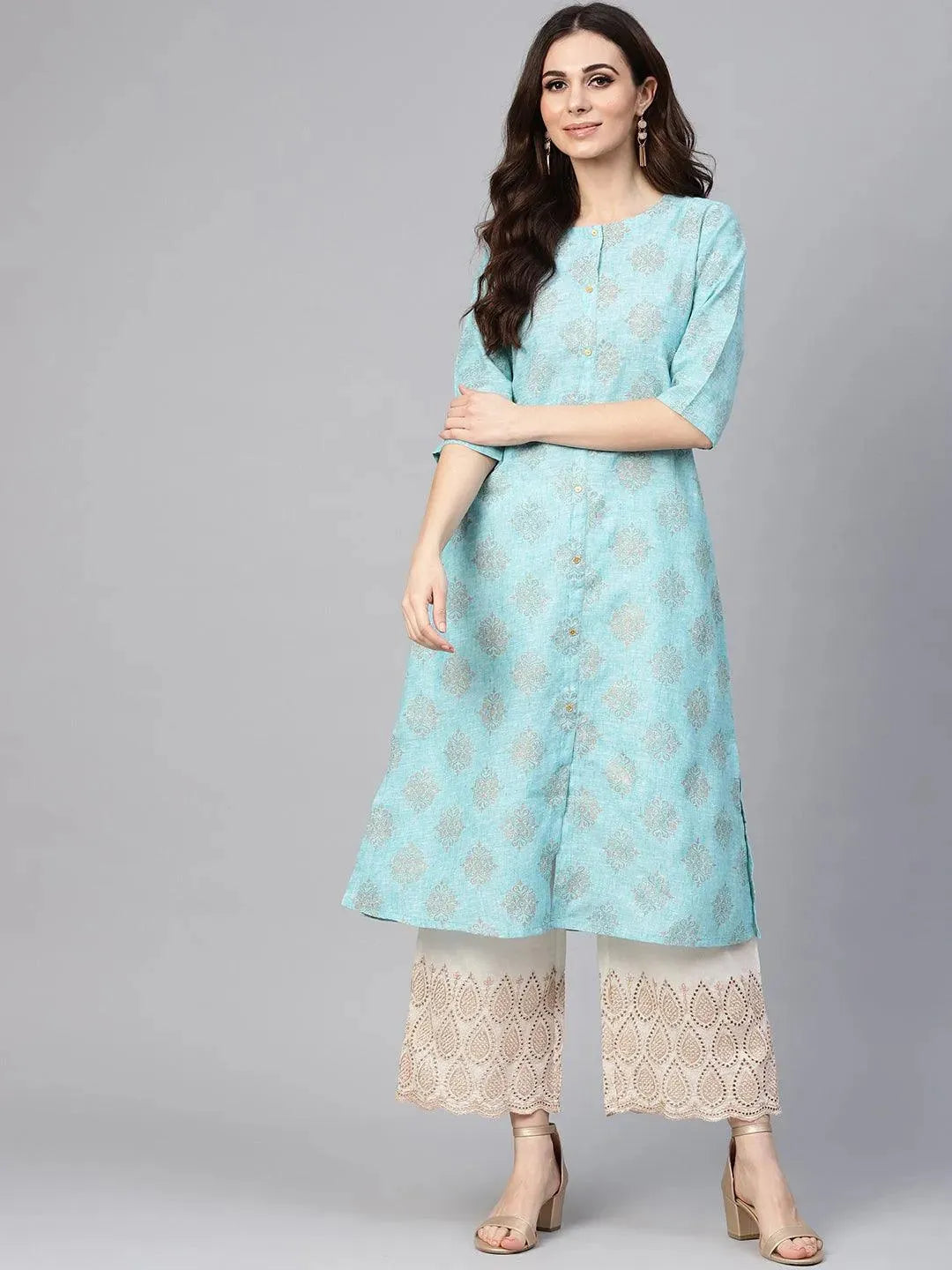 Anouk Blue Printed Cotton A-Line Kurta With Palazzos