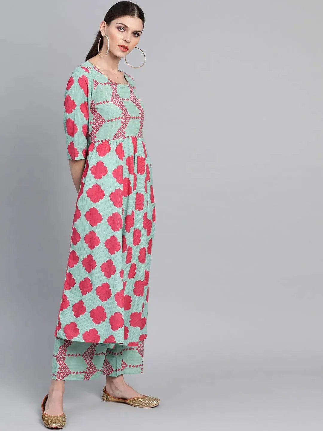 Anouk Blue Printed Cotton A-Line Kurta With Palazzos