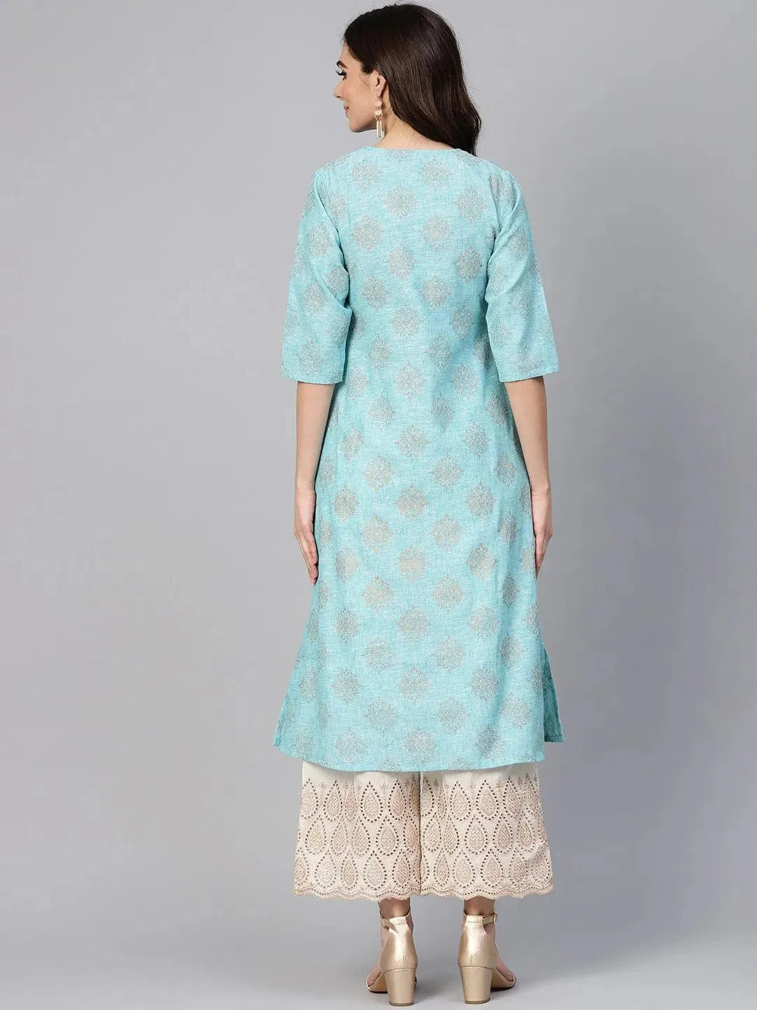 Anouk Blue Printed Cotton A-Line Kurta With Palazzos