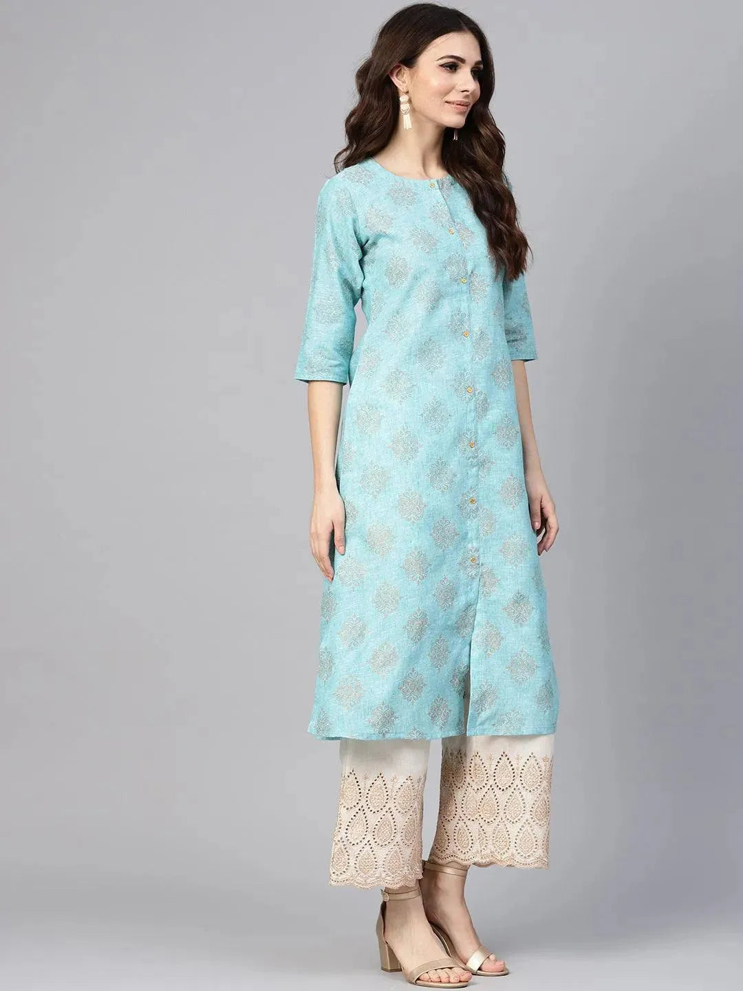 Anouk Blue Printed Cotton A-Line Kurta With Palazzos