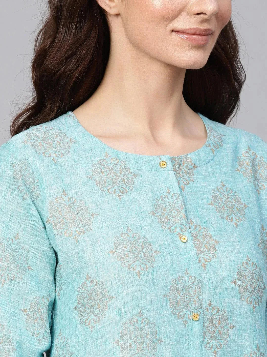 Anouk Blue Printed Cotton A-Line Kurta With Palazzos