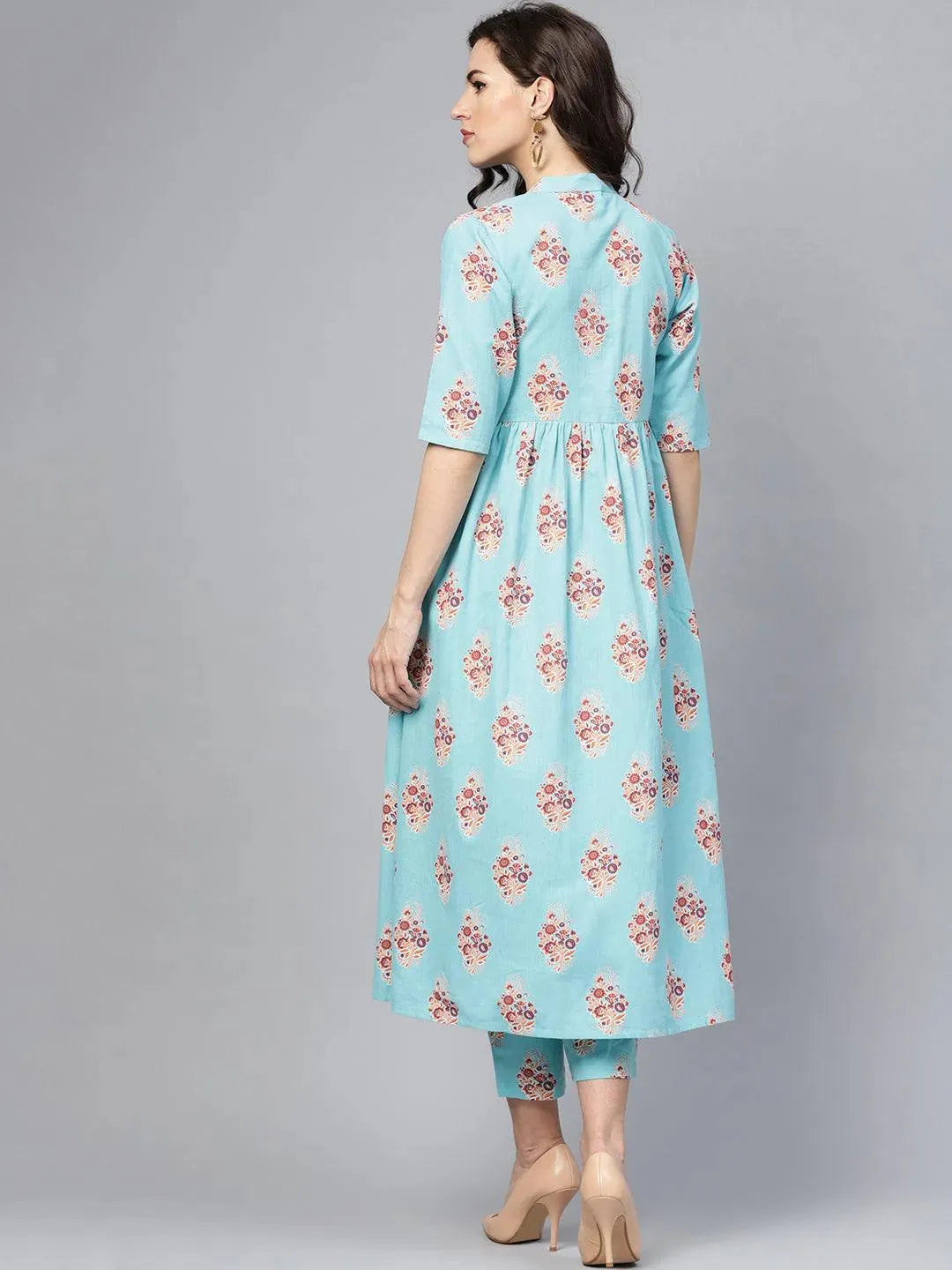 Anouk Blue Printed Cotton A-Line Kurta With Trousers