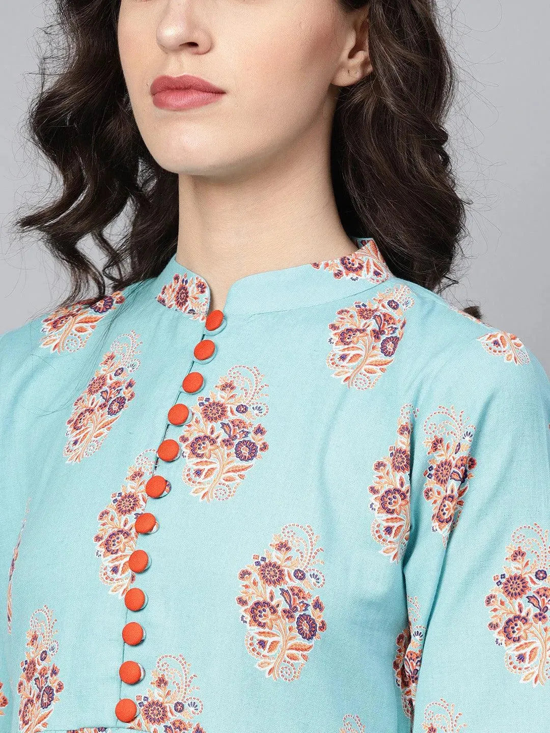 Anouk Blue Printed Cotton A-Line Kurta With Trousers