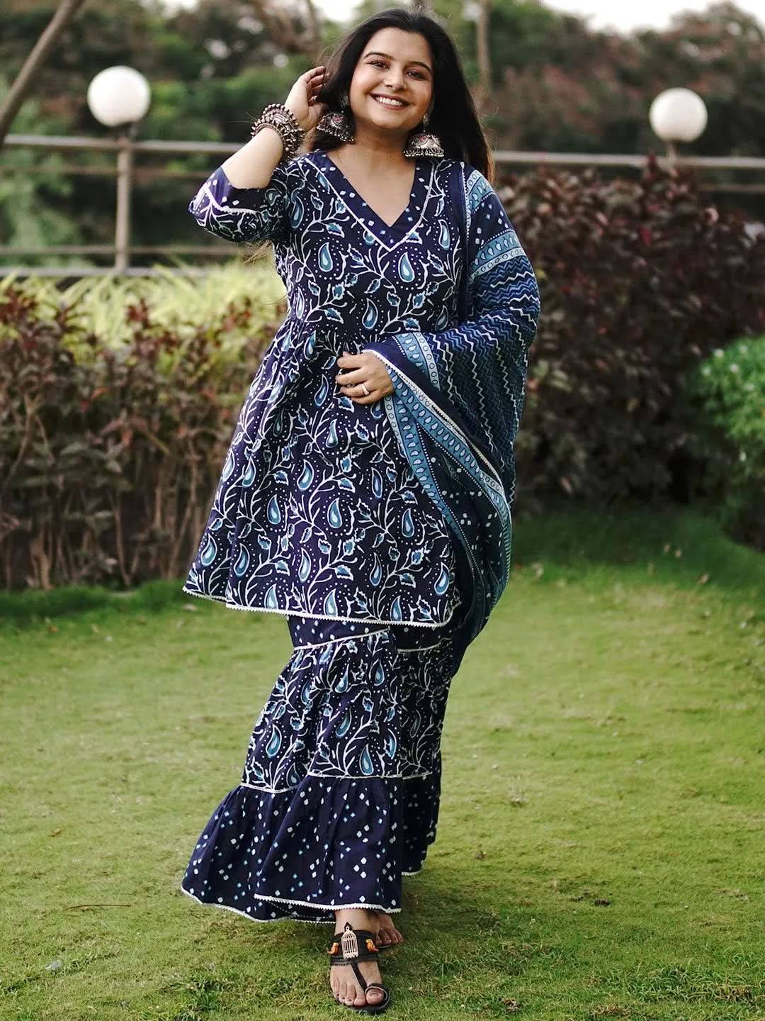 Anouk Blue Printed Cotton Anarkali Sharara Suit Set With Dupatta