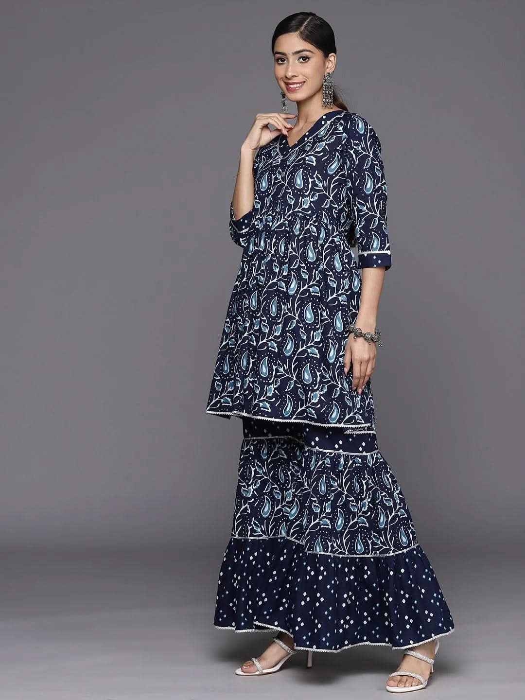 Anouk Blue Printed Cotton Anarkali Sharara Suit Set With Dupatta