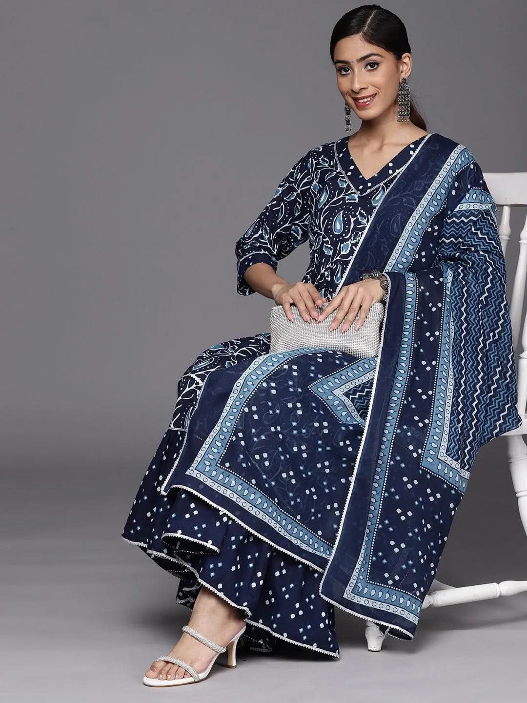 Anouk Blue Printed Cotton Anarkali Sharara Suit Set With Dupatta