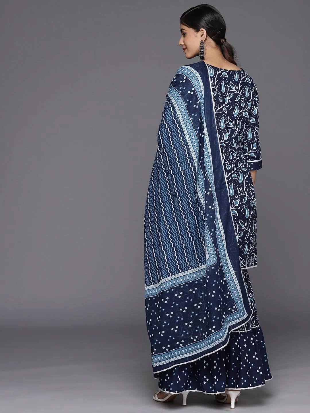 Anouk Blue Printed Cotton Anarkali Sharara Suit Set With Dupatta
