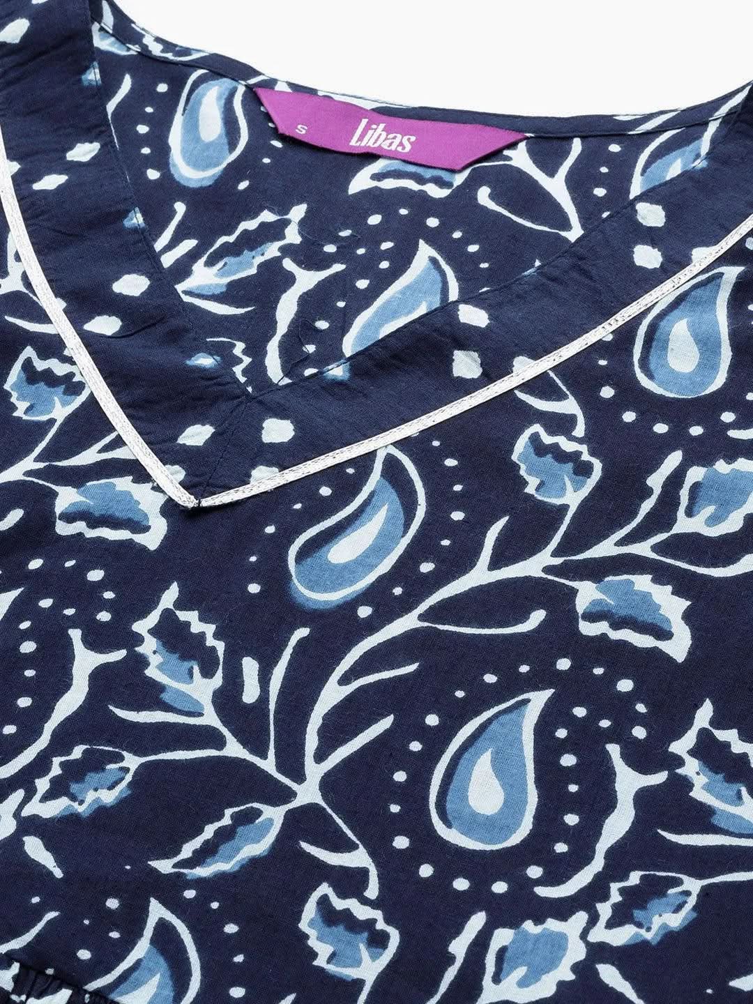 Anouk Blue Printed Cotton Anarkali Sharara Suit Set With Dupatta