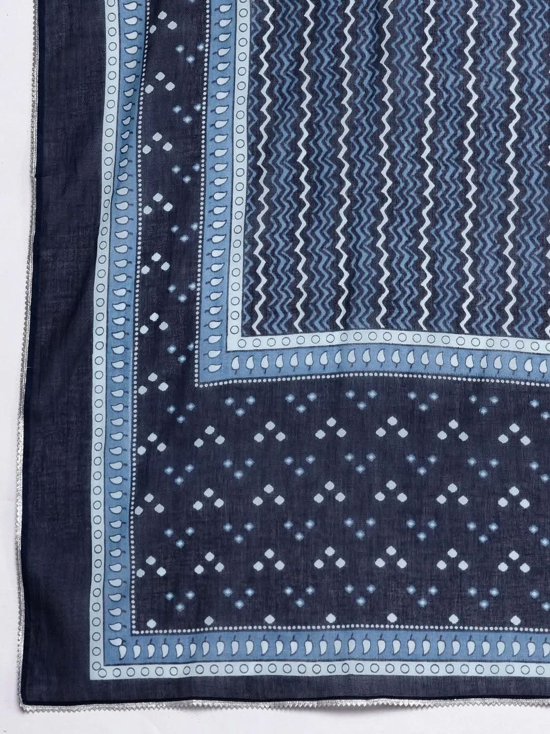 Anouk Blue Printed Cotton Anarkali Sharara Suit Set With Dupatta