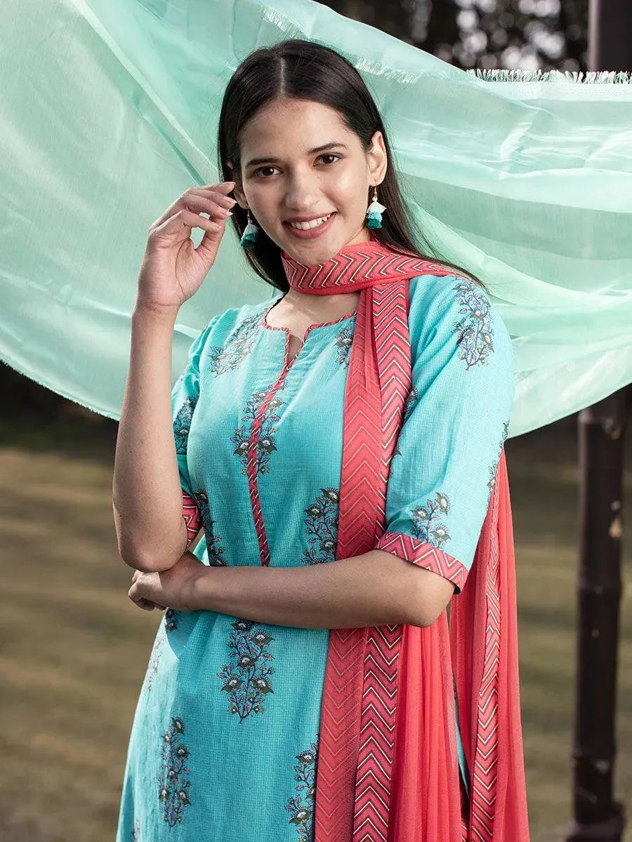 Anouk Blue Printed Cotton Straight Kurta With Palazzos & Dupatta