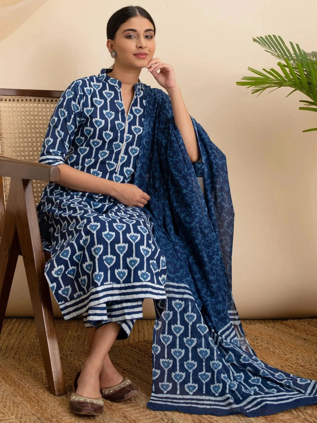 Anouk Blue Printed Cotton Straight Kurta With Palazzos & Dupatta
