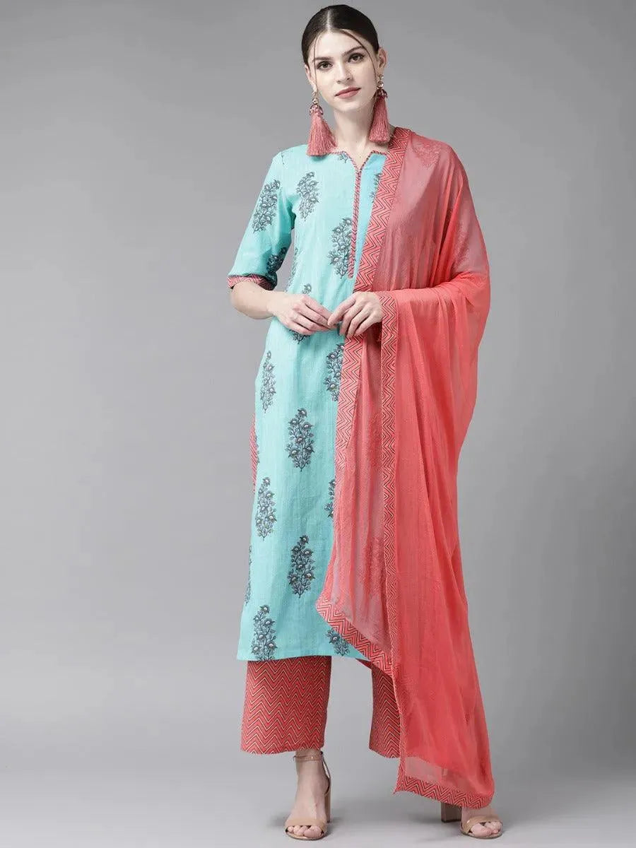 Anouk Blue Printed Cotton Straight Kurta With Palazzos & Dupatta