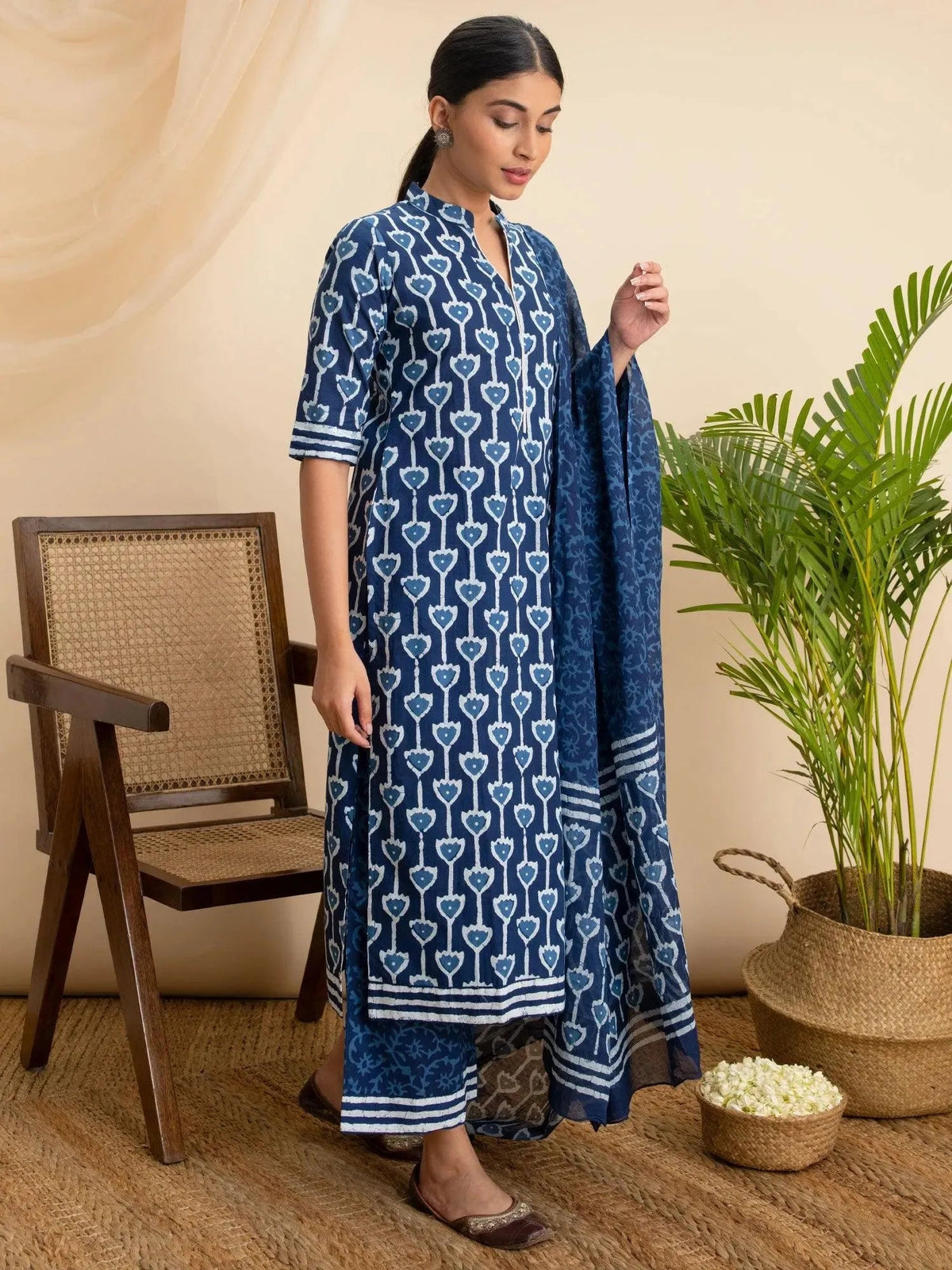 Anouk Blue Printed Cotton Straight Kurta With Palazzos & Dupatta