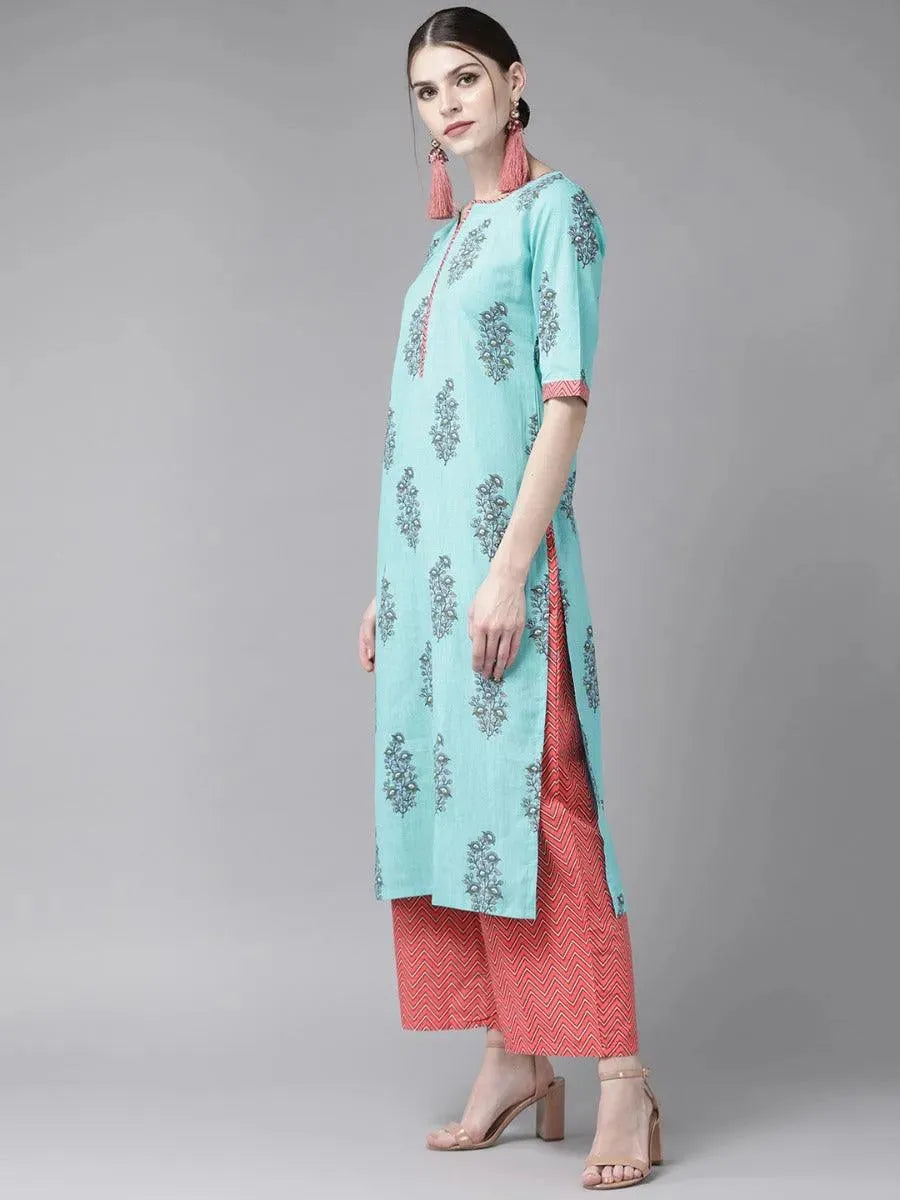 Anouk Blue Printed Cotton Straight Kurta With Palazzos & Dupatta