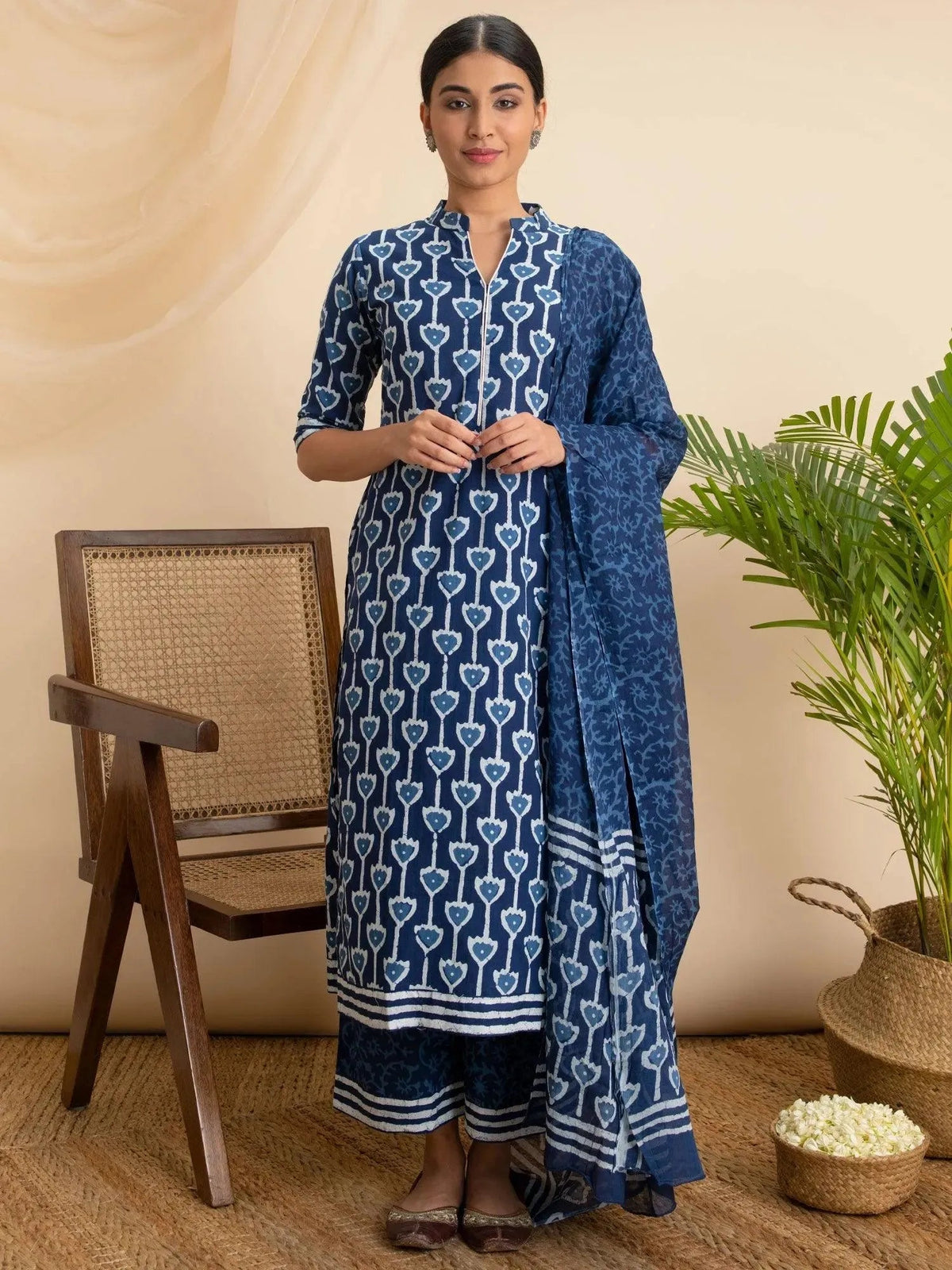 Anouk Blue Printed Cotton Straight Kurta With Palazzos & Dupatta