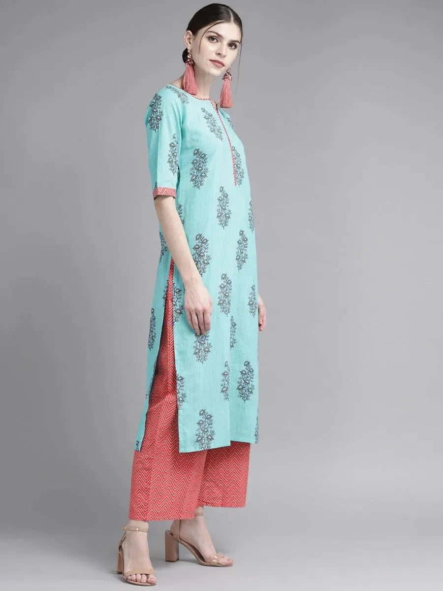 Anouk Blue Printed Cotton Straight Kurta With Palazzos & Dupatta