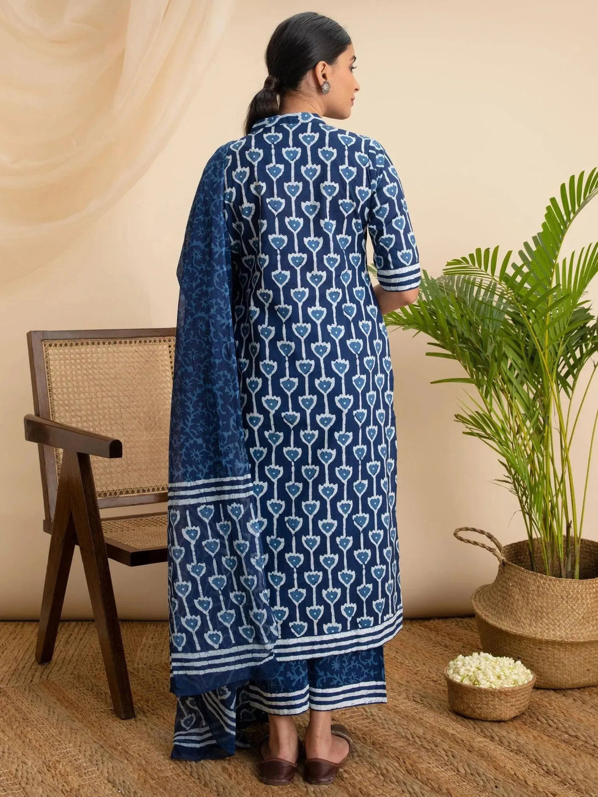 Anouk Blue Printed Cotton Straight Kurta With Palazzos & Dupatta