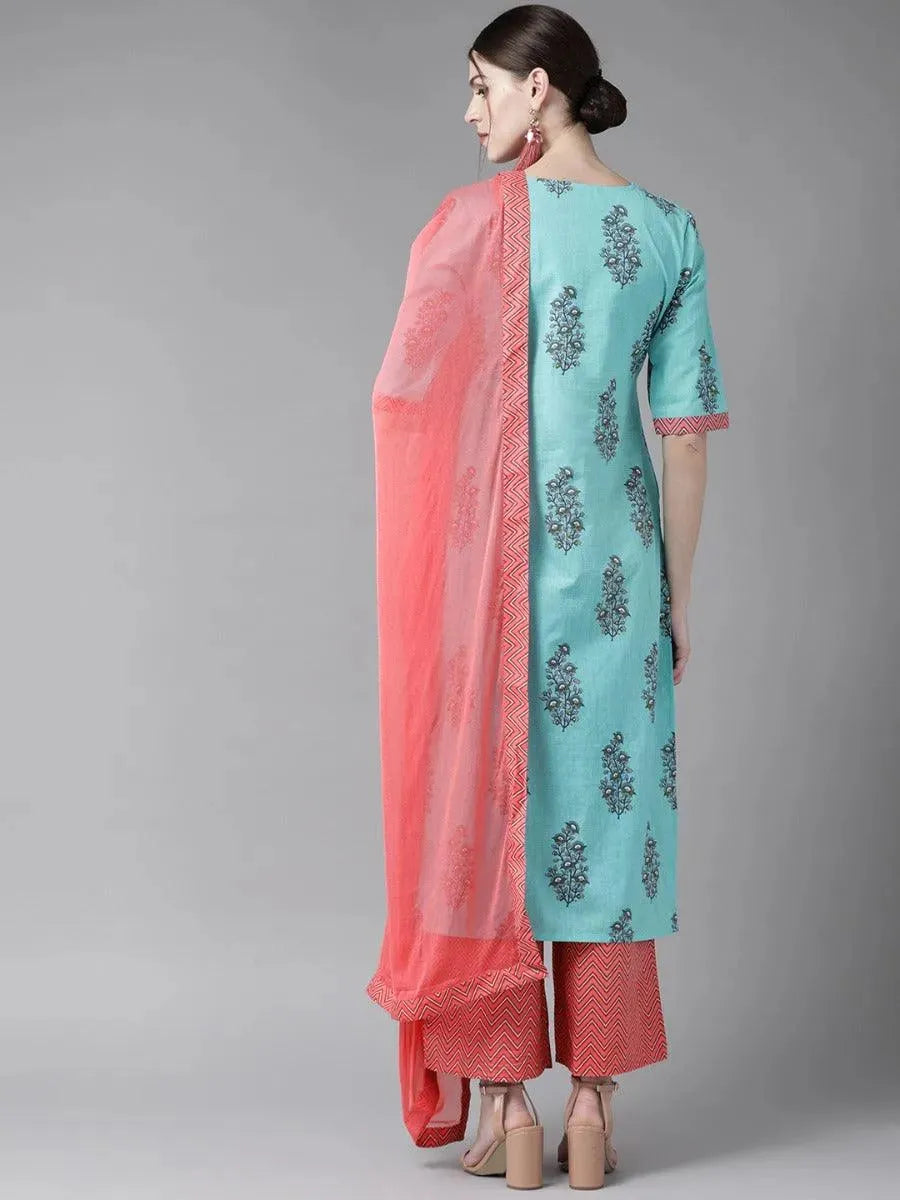 Anouk Blue Printed Cotton Straight Kurta With Palazzos & Dupatta