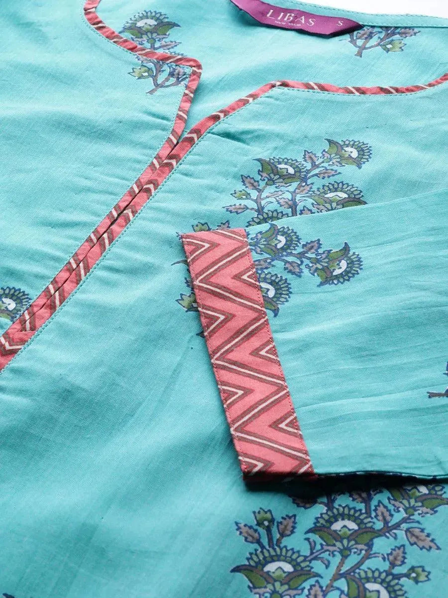 Anouk Blue Printed Cotton Straight Kurta With Palazzos & Dupatta