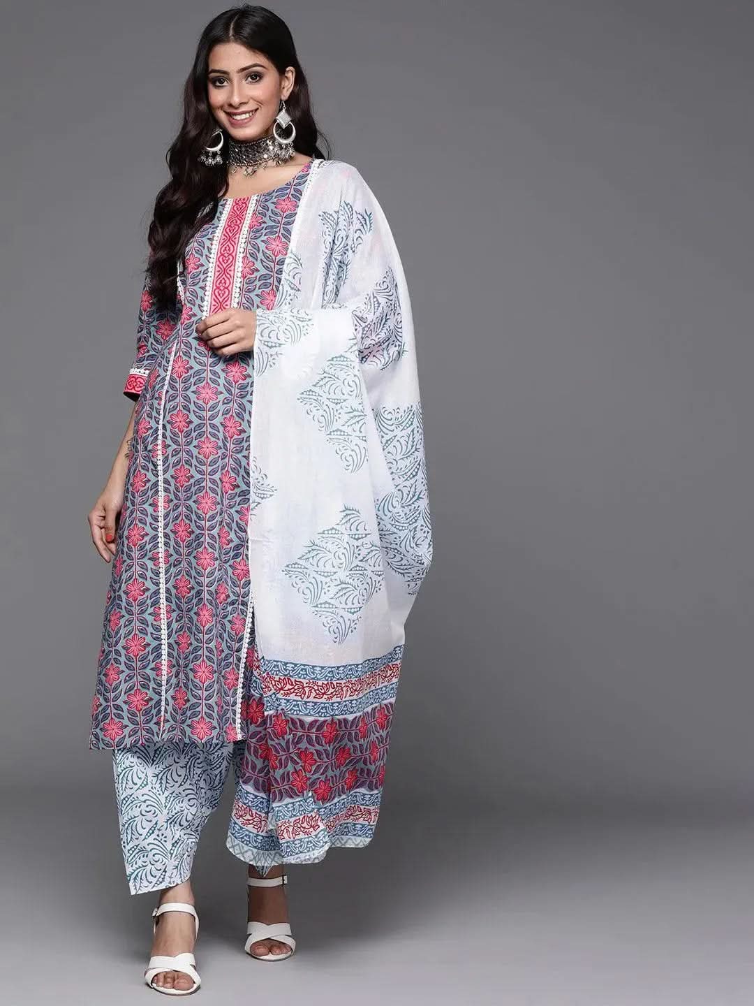 Anouk Blue Printed Cotton Straight Kurta With Salwar & Dupatta