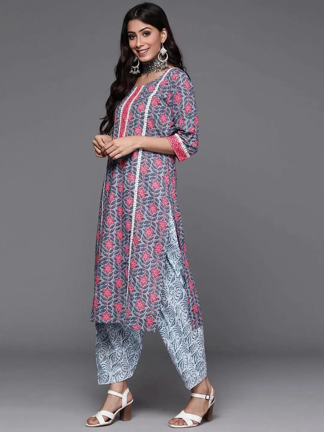 Anouk Blue Printed Cotton Straight Kurta With Salwar & Dupatta