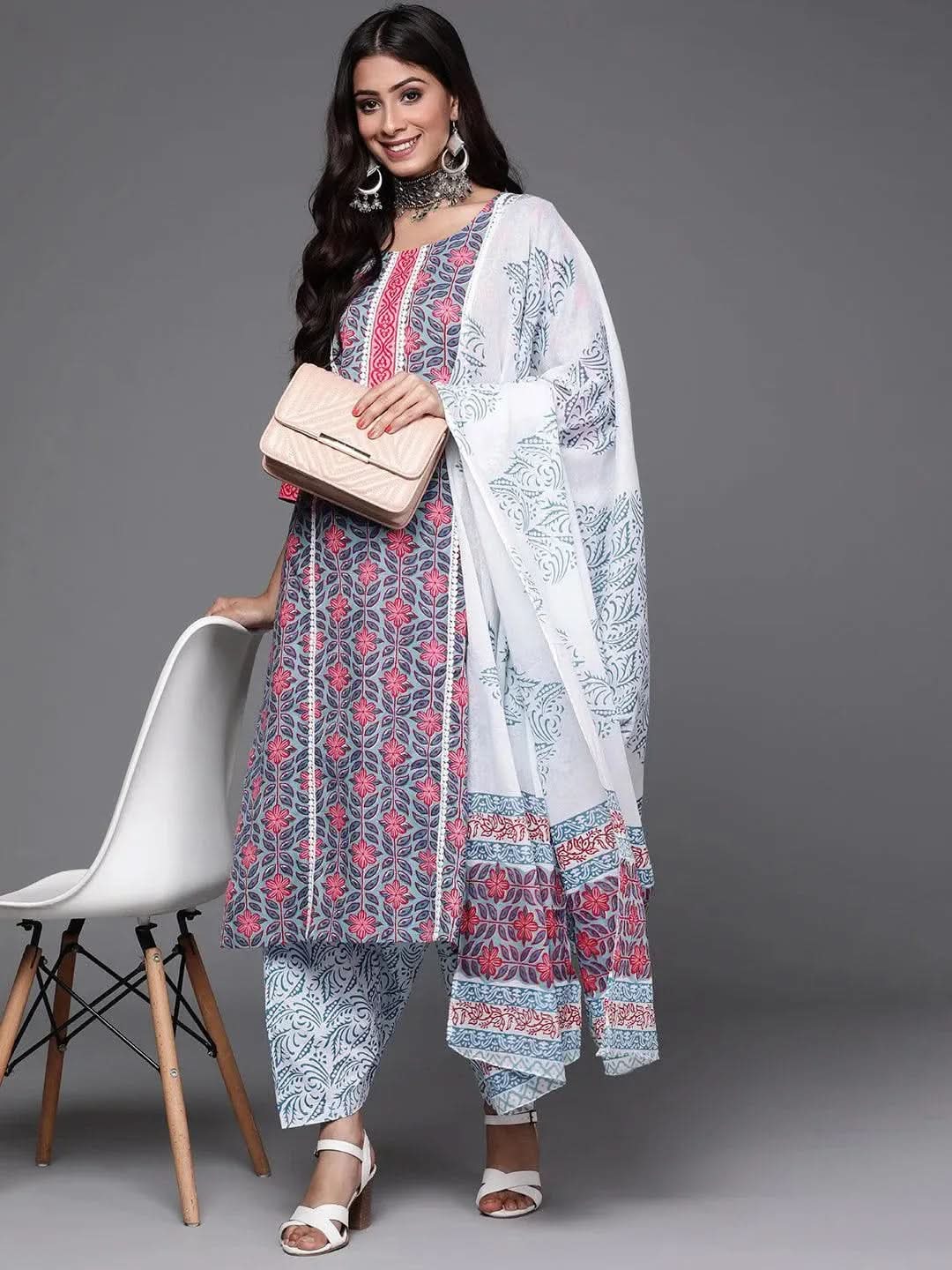 Anouk Blue Printed Cotton Straight Kurta With Salwar & Dupatta