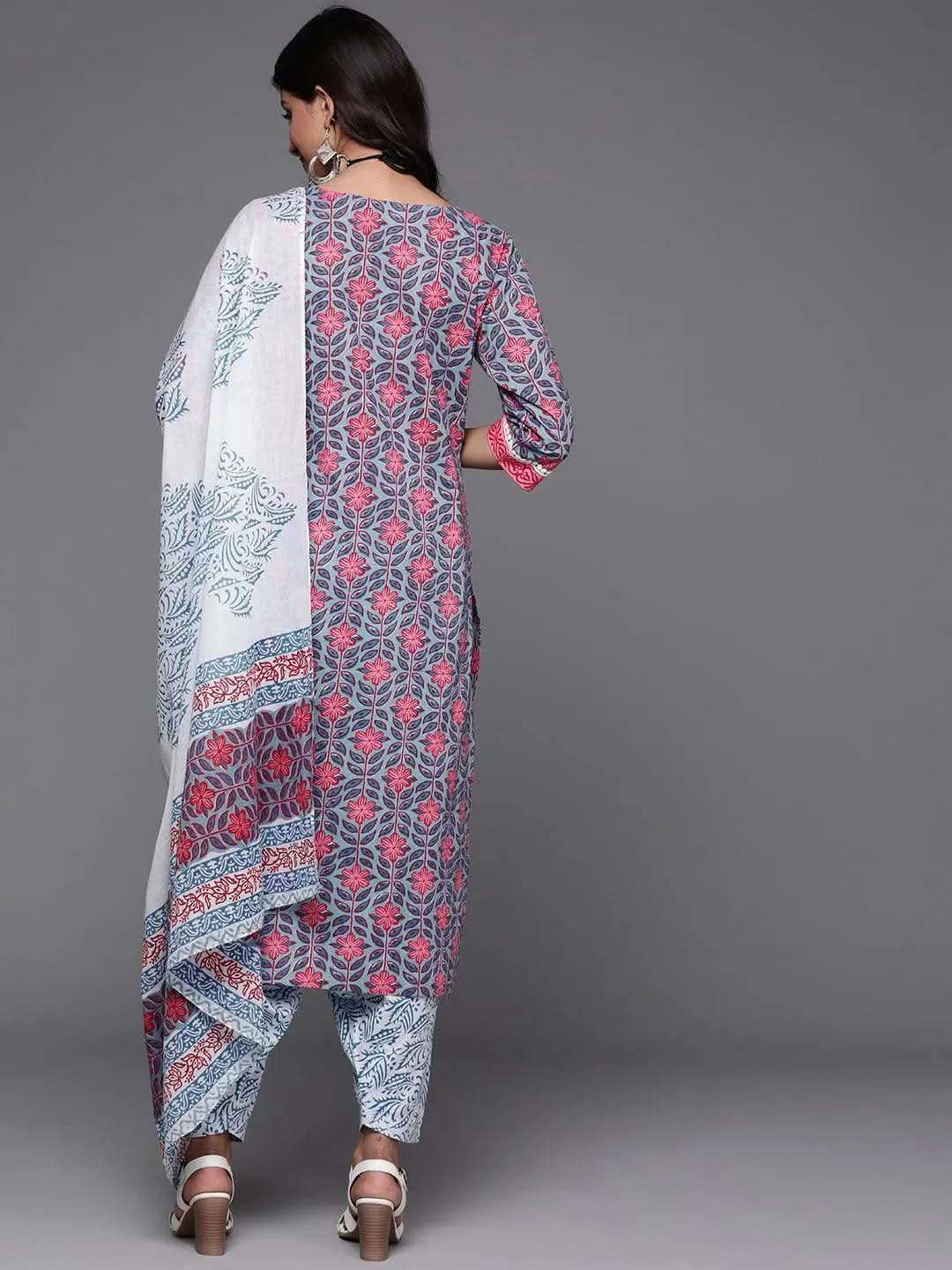 Anouk Blue Printed Cotton Straight Kurta With Salwar & Dupatta