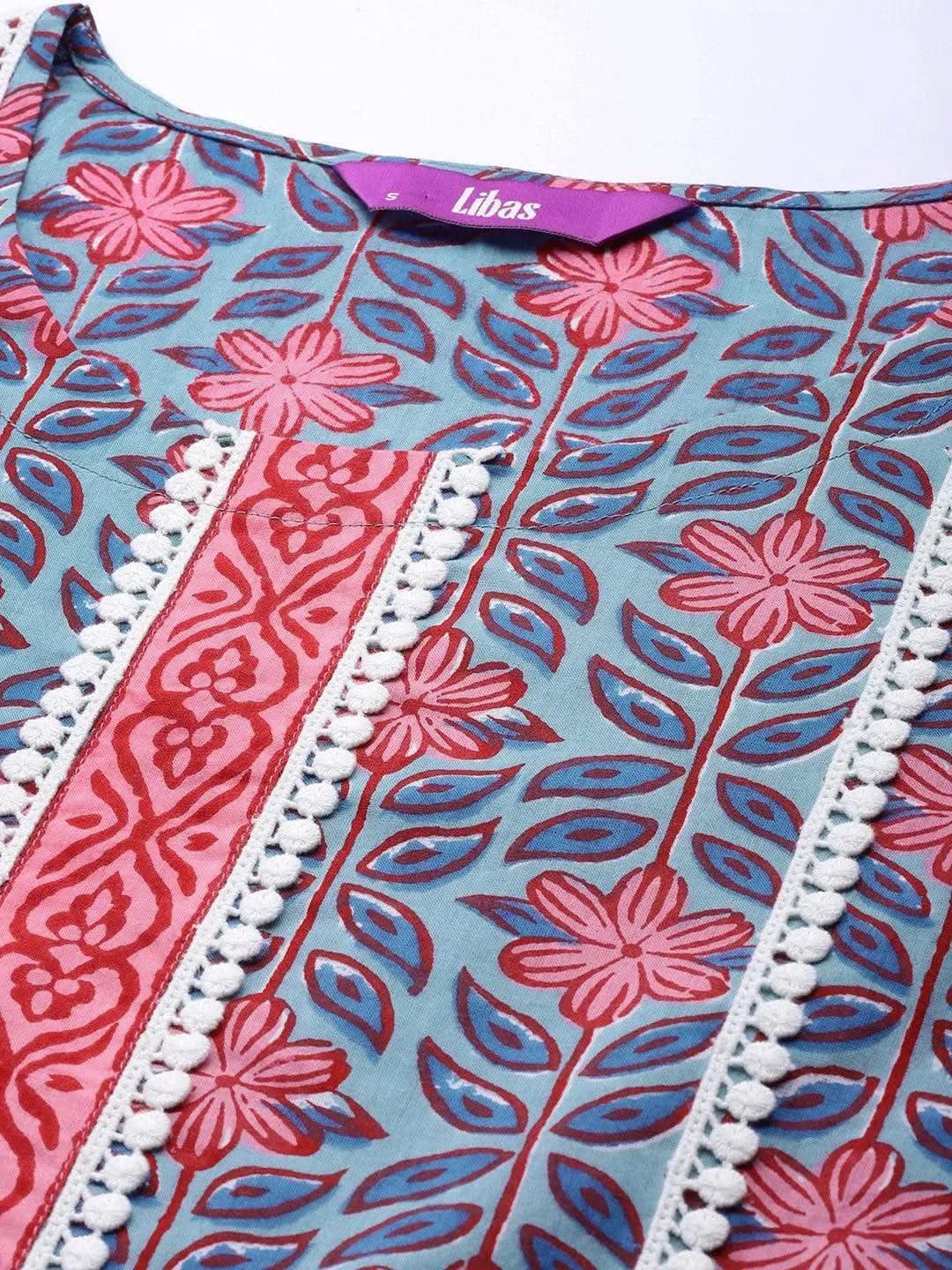 Anouk Blue Printed Cotton Straight Kurta With Salwar & Dupatta