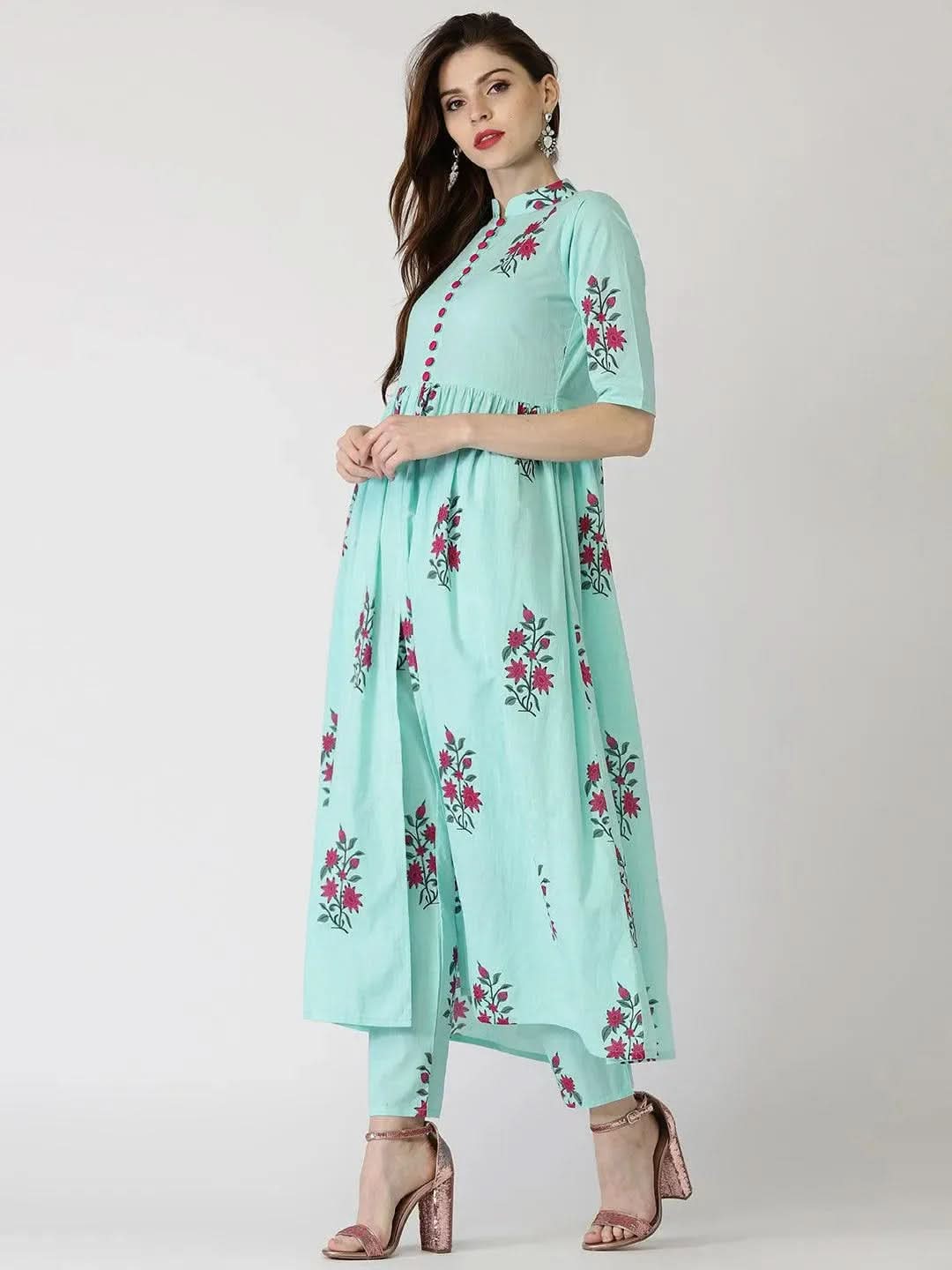 Anouk Blue Printed Cotton Straight Kurta With Trousers
