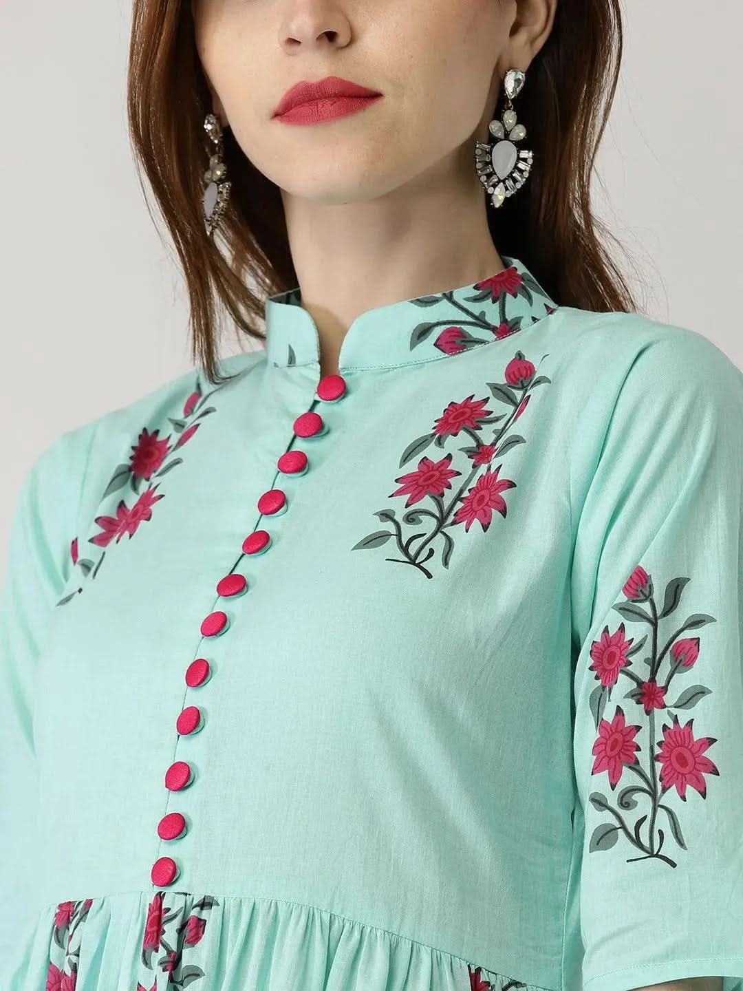 Anouk Blue Printed Cotton Straight Kurta With Trousers