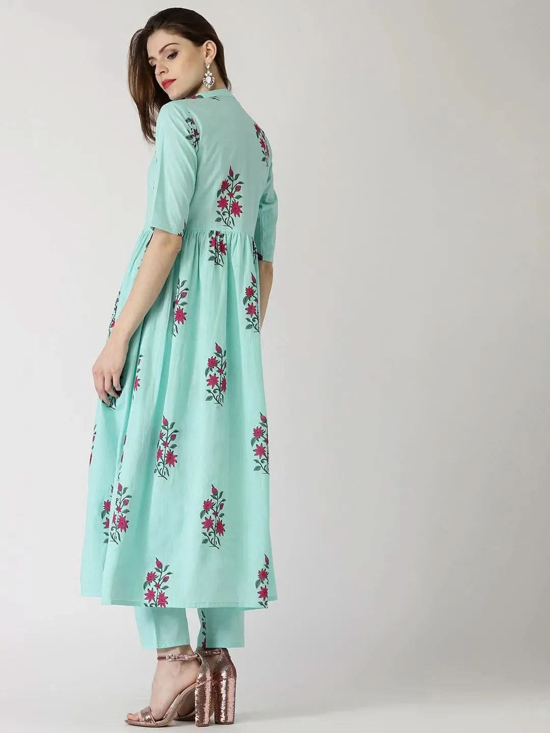 Anouk Blue Printed Cotton Straight Kurta With Trousers