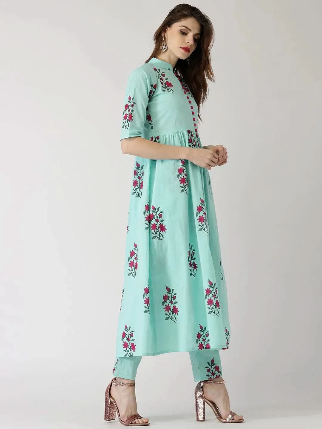 Anouk Blue Printed Cotton Straight Kurta With Trousers