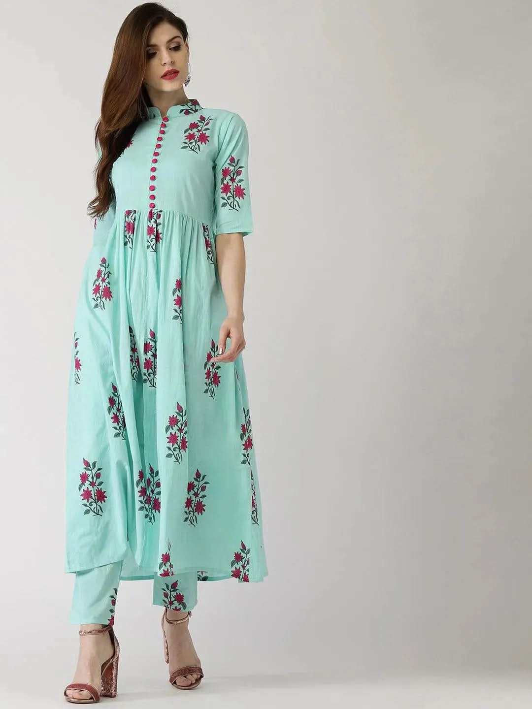 Anouk Blue Printed Cotton Straight Kurta With Trousers