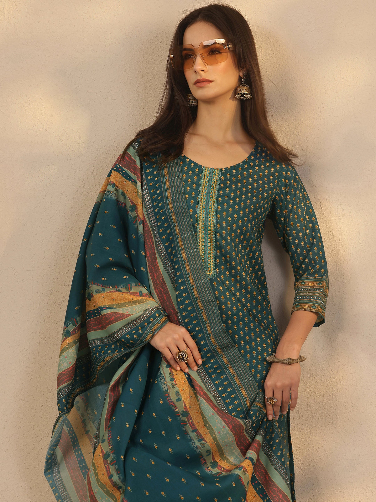 Anouk Blue Printed Cotton Straight Suit Set With Dupatta
