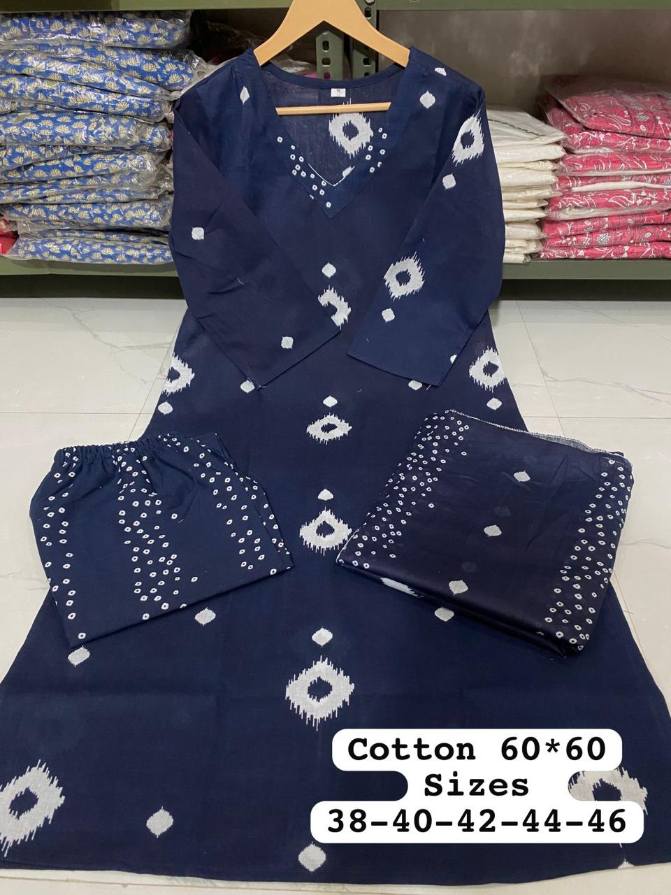 Blue Printed Cotton Suit Set with Pant & Dupatta