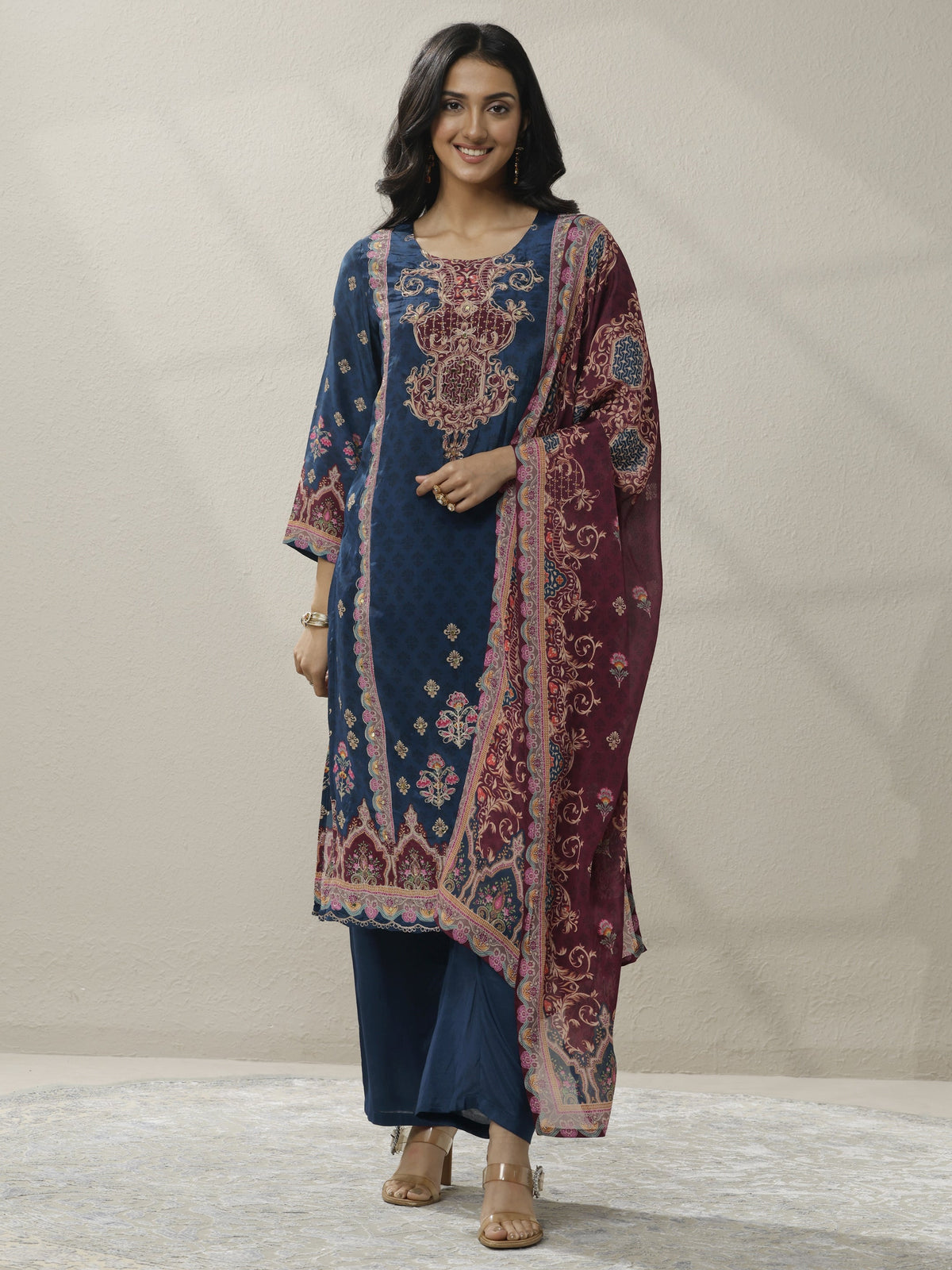 Anouk Blue Printed Muslin Straight Suit Set With Dupatta