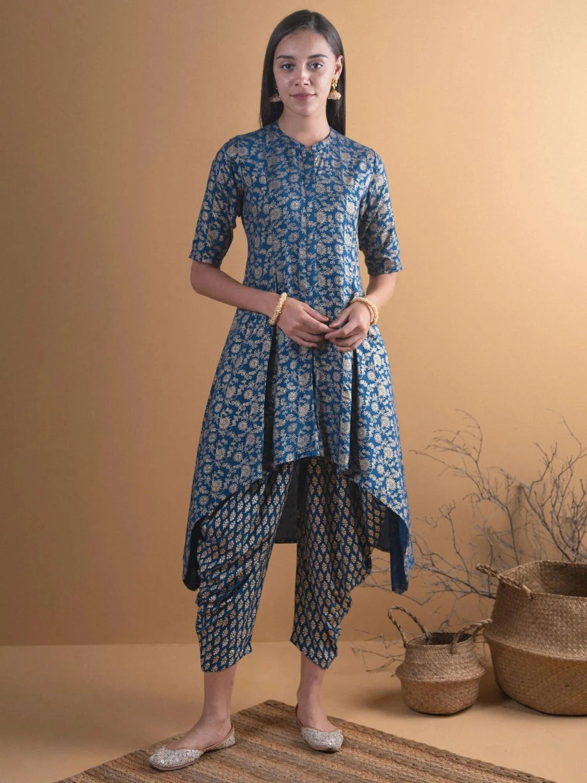 Anouk Blue Printed Rayon A-Line Kurta With Salwar