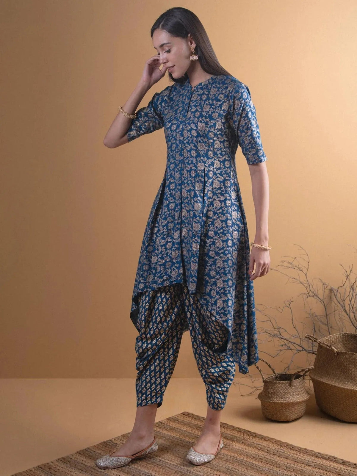 Anouk Blue Printed Rayon A-Line Kurta With Salwar