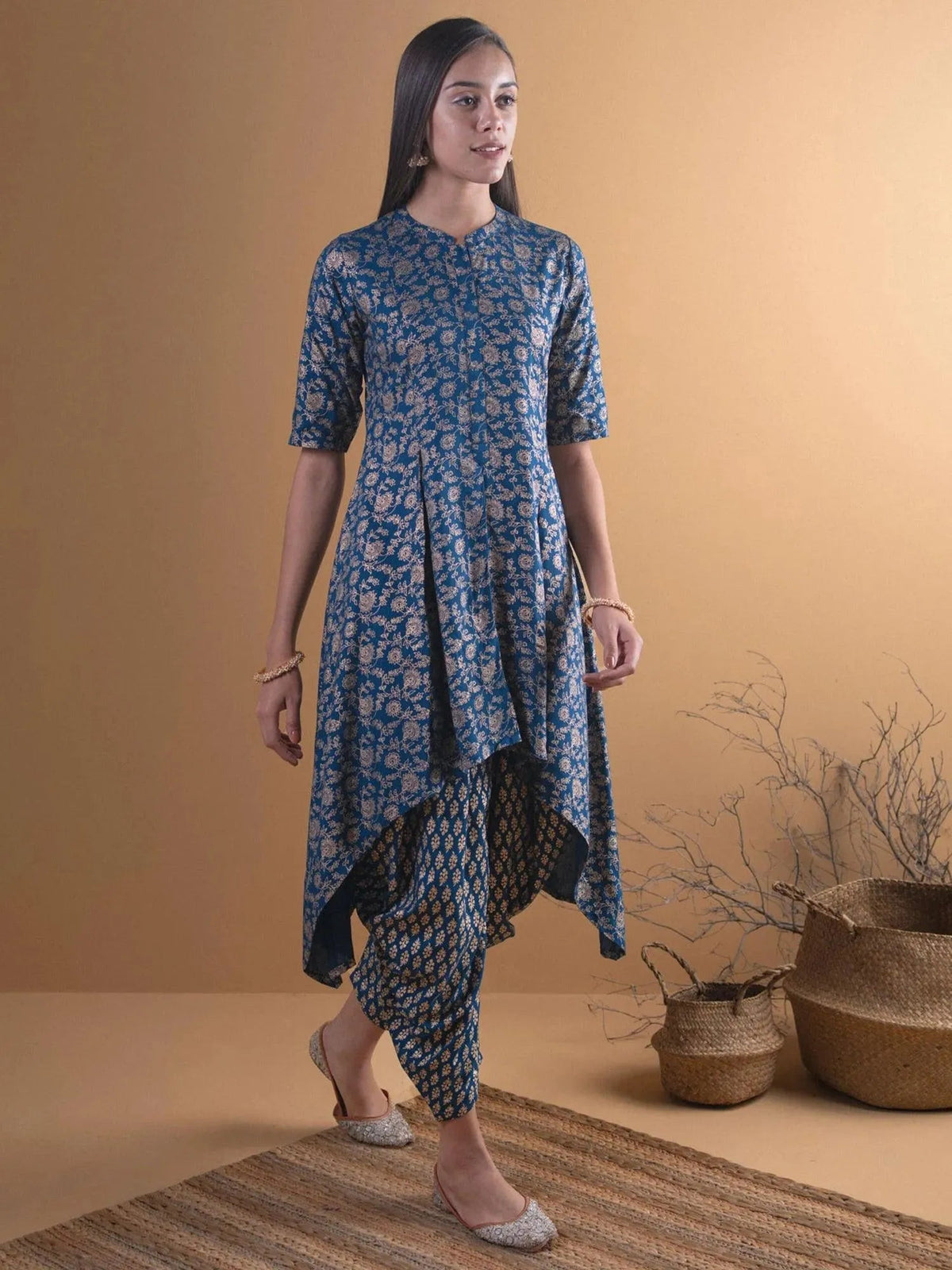 Anouk Blue Printed Rayon A-Line Kurta With Salwar
