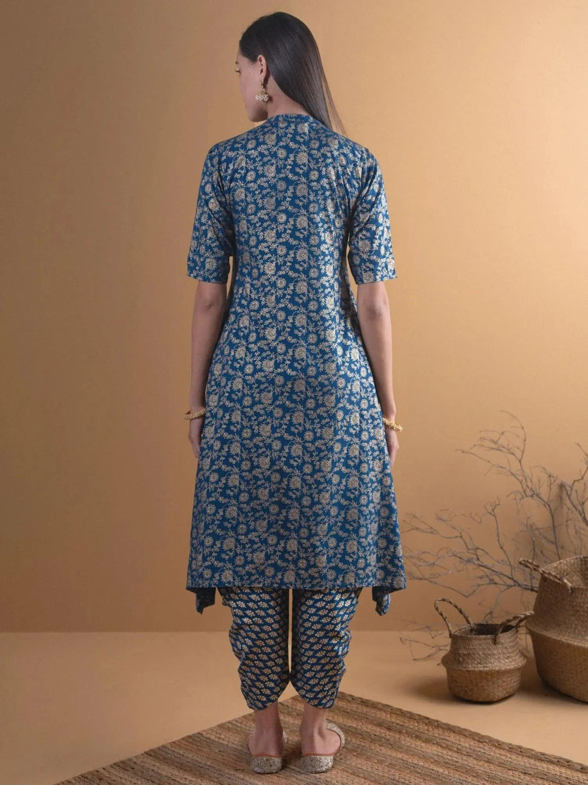 Anouk Blue Printed Rayon A-Line Kurta With Salwar