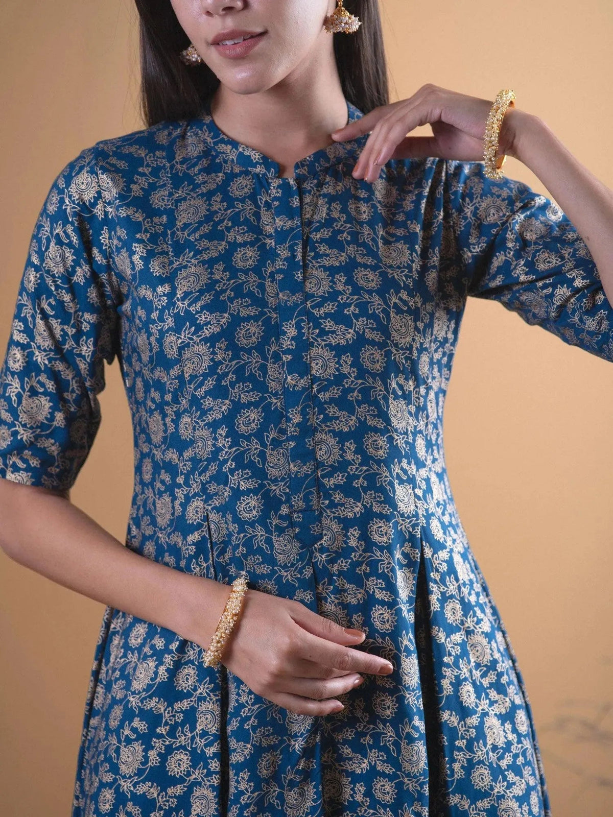 Anouk Blue Printed Rayon A-Line Kurta With Salwar