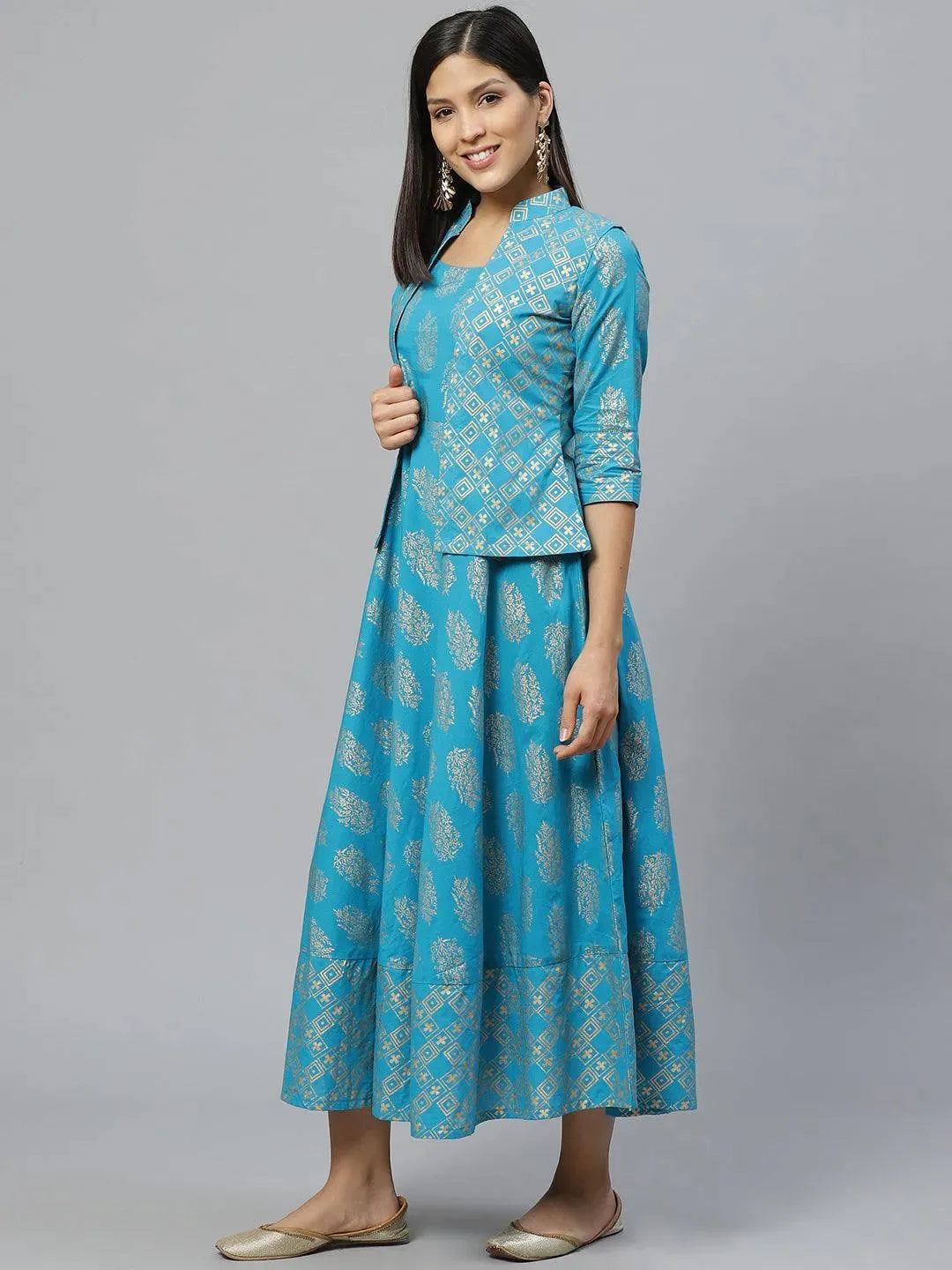 Anouk Blue Printed Rayon Jacket Dress With Mask