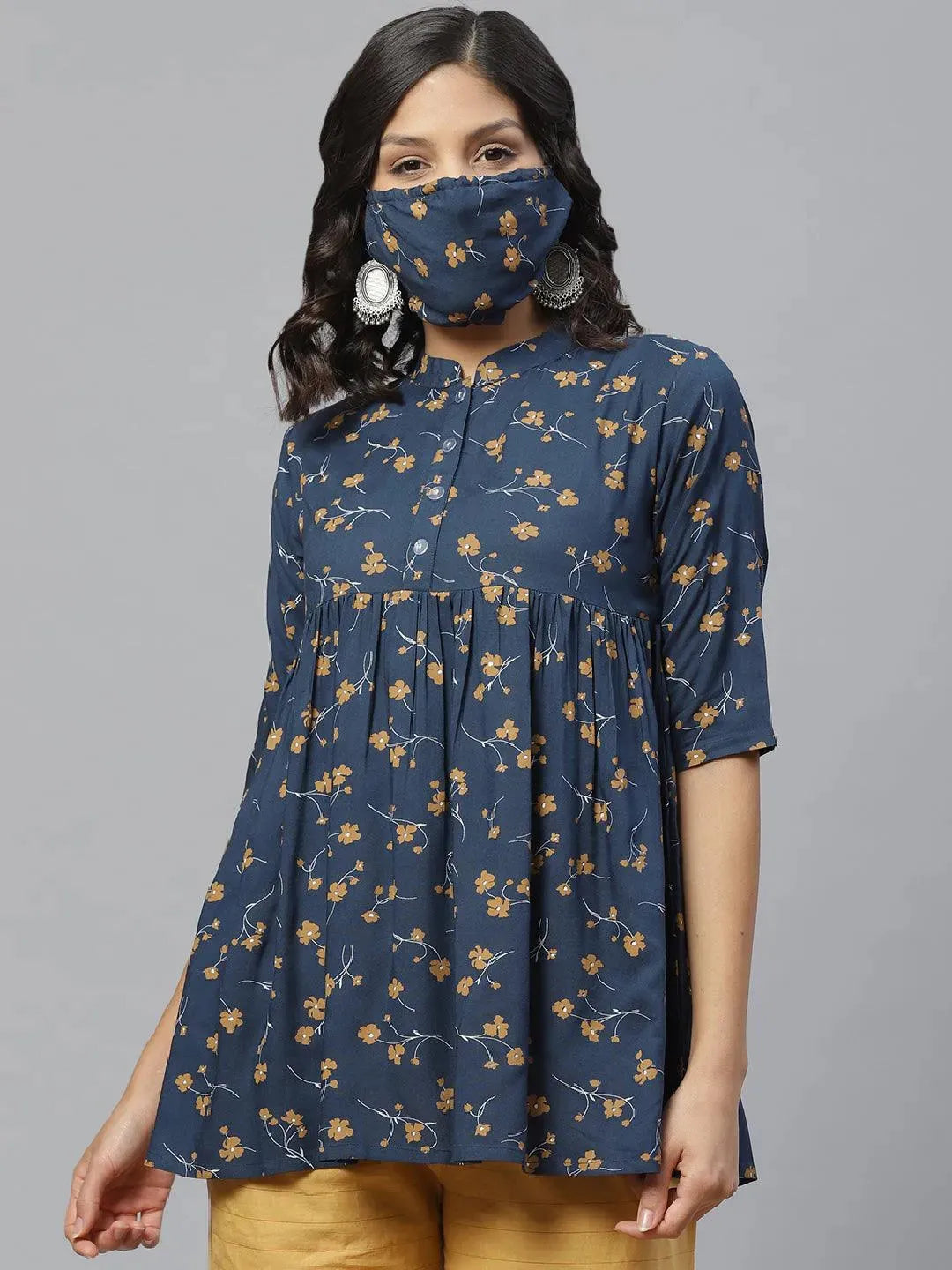 Anouk Blue Printed Rayon Kurti With Mask