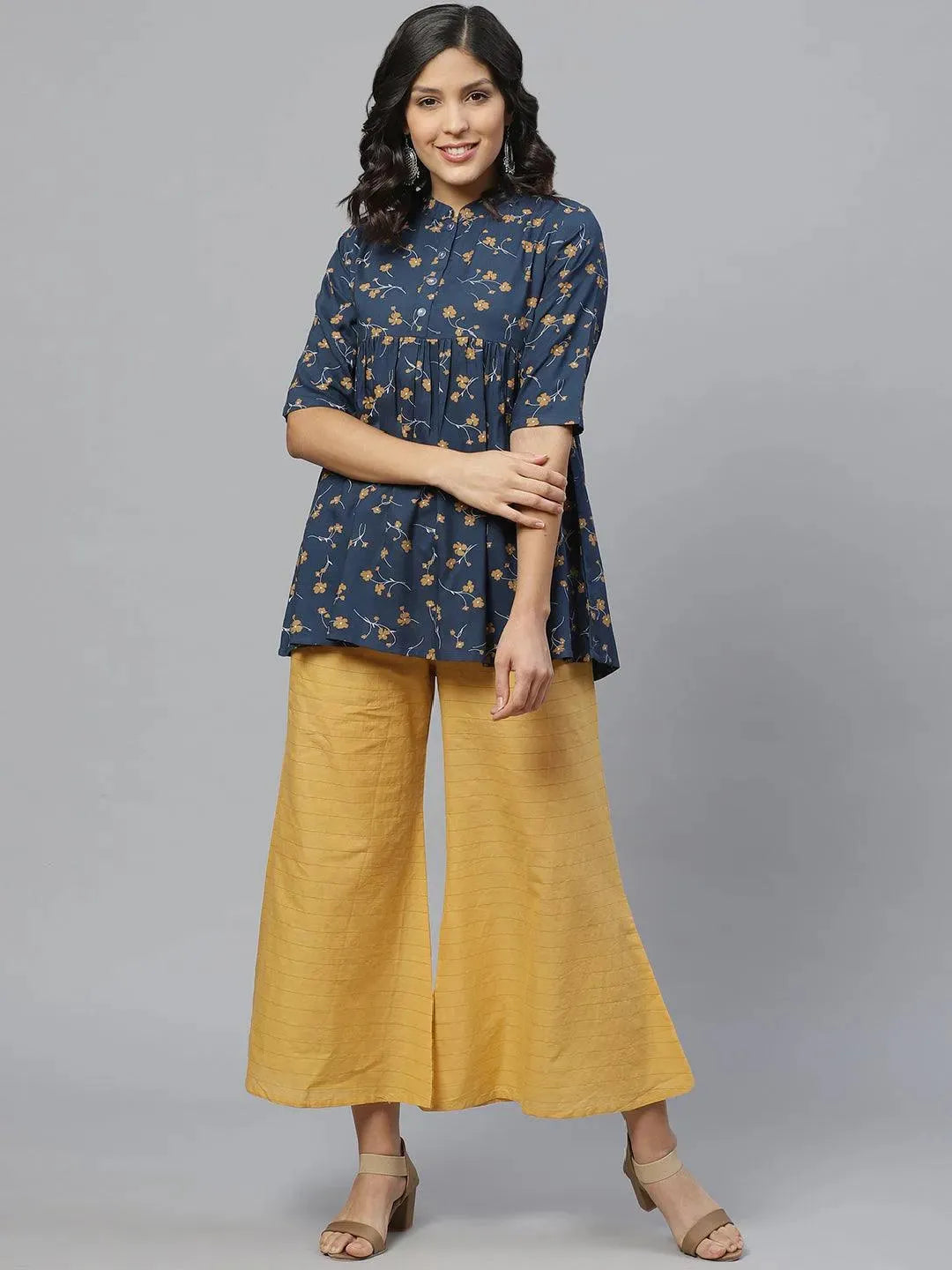 Anouk Blue Printed Rayon Kurti With Mask