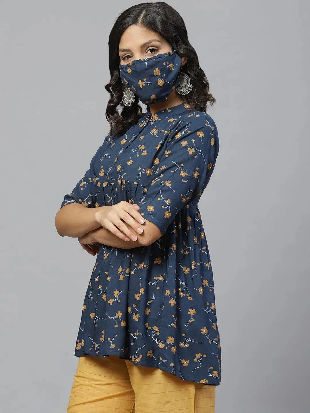 Anouk Blue Printed Rayon Kurti With Mask