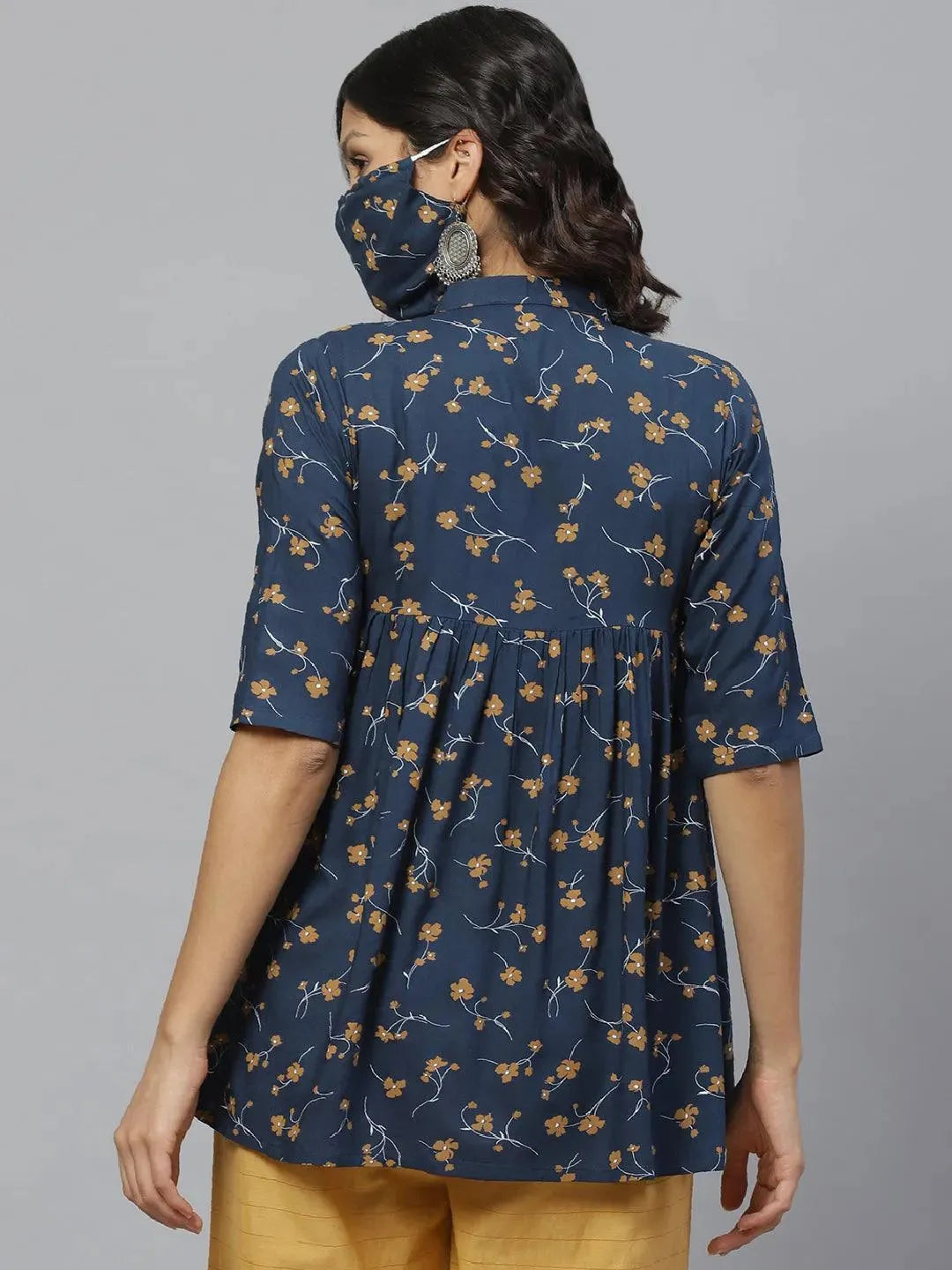 Anouk Blue Printed Rayon Kurti With Mask