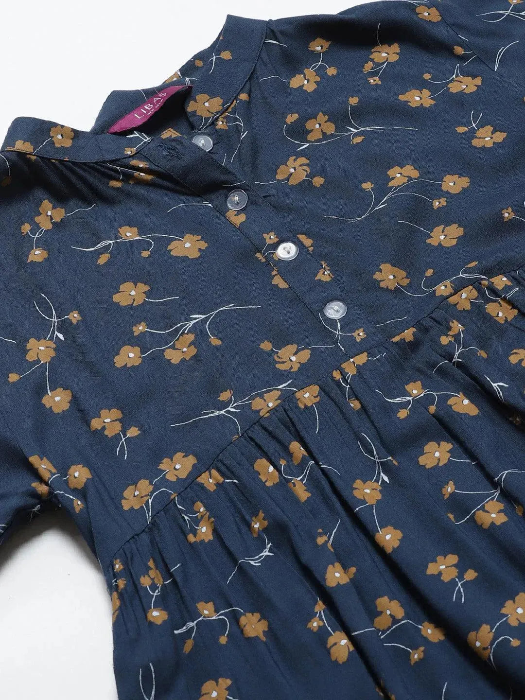 Anouk Blue Printed Rayon Kurti With Mask