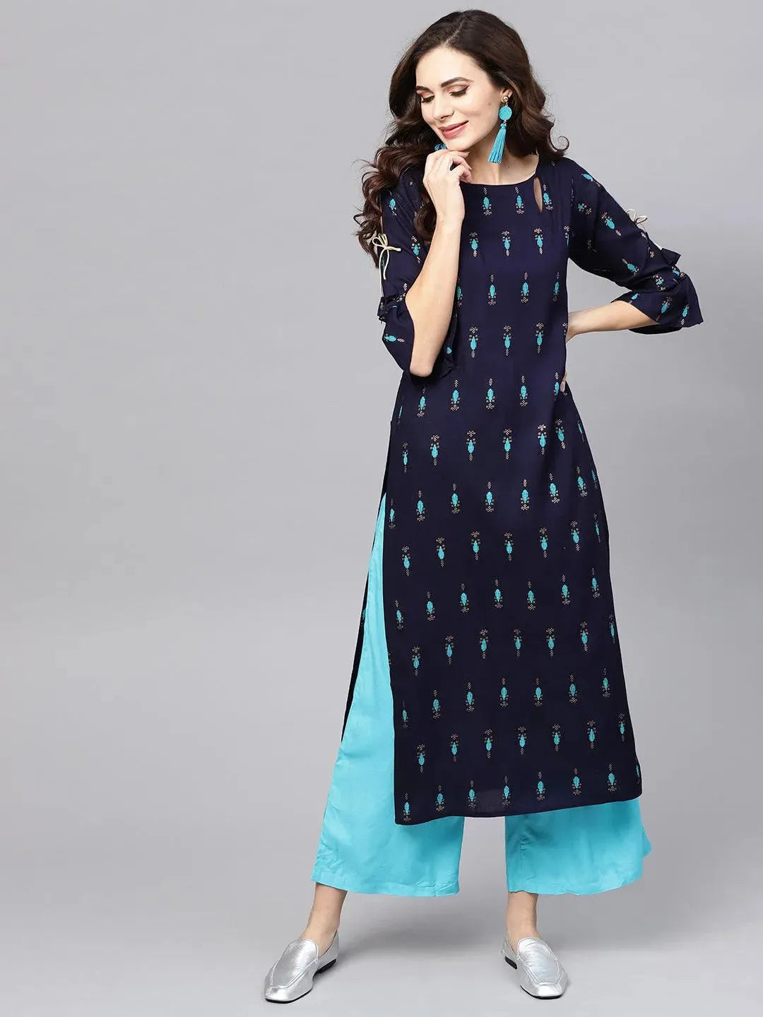 Anouk Blue Printed Rayon Straight Kurta With Palazzos