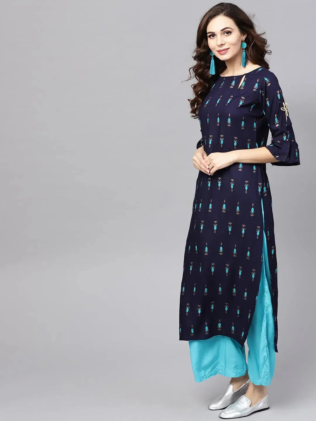 Anouk Blue Printed Rayon Straight Kurta With Palazzos